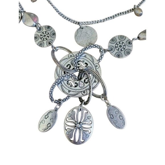 Macy's Eclectic Ethnic Design Multi Layer Disc Silver Tone Rhinestone Necklace - Picture 3 of 6